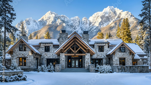 Lake Tahoe mountain lodge with Sierra Nevada views and ski access, contemporary alpine estate with stone facade