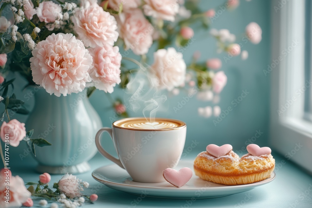 mothers day coffee setup, cozy coffee corner decorated for mothers day with flowers, heart-shaped pastries, and a hot cup of coffee mothers day coffee setup, cozy coffee corner decorated for mothers day with flowers, heart-shaped pastries, and a hot cup of coffee