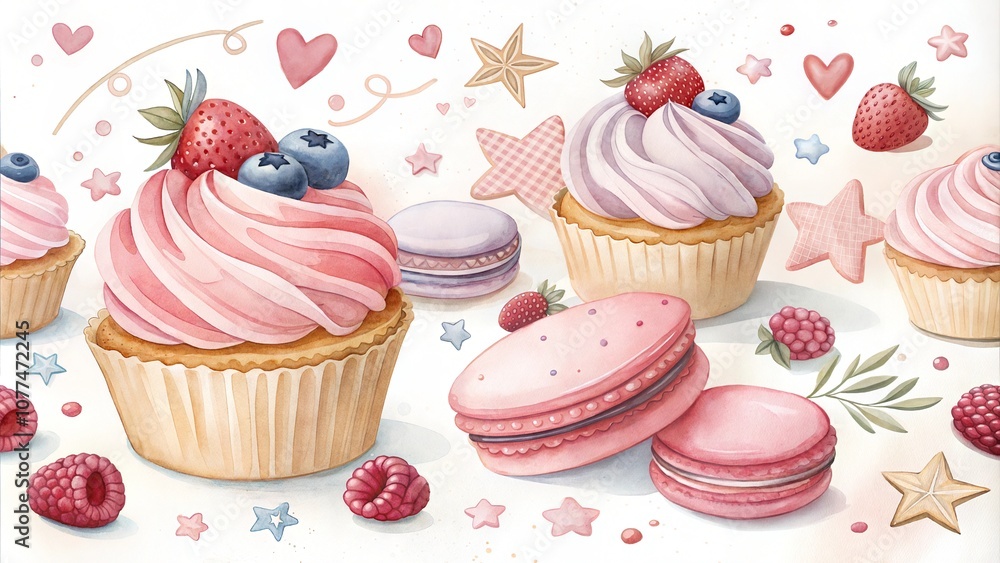 Sweet cupcake and macaron pattern with berries and hearts Sweet cupcake and macaron pattern with berries and hearts