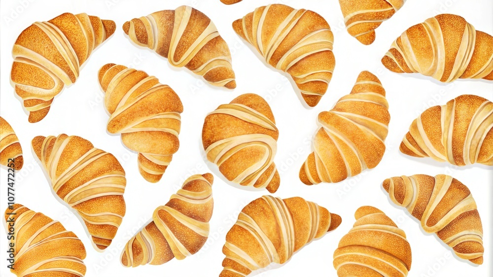 Croissant pattern with golden brown pastries on white background Croissant pattern with golden brown pastries on white background