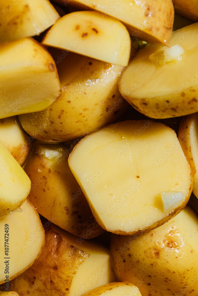 halved small gold potatoes ready to roast with garlic and olive oil