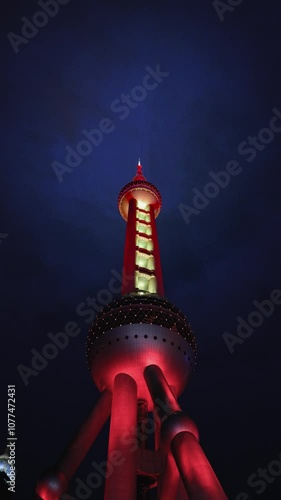 Shanghai TV Tower, night lighting, vertical video
