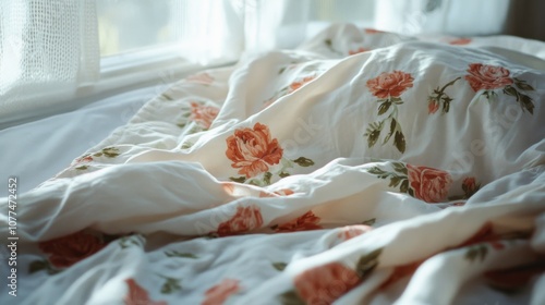 Sunlight filters through a window onto a cozy bed with floral patterned sheets, creating a serene and inviting morning atmosphere.