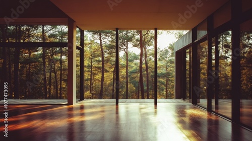 Sunlight streams into a modern glass-walled room with a view of a tranquil forest, merging architecture with nature.