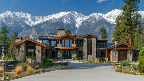 Lake Tahoe mountain lodge with Sierra Nevada views and ski access, contemporary alpine estate with stone facade