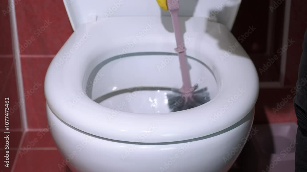 Finish working with brush in toilet bowl. A view of female hands in gloves by the toilet bowl with brush. A concept of cleaning work at home. Finish working with brush in toilet bowl. A view of female hands in gloves by the toilet bowl with brush. A concept of cleaning work at home.