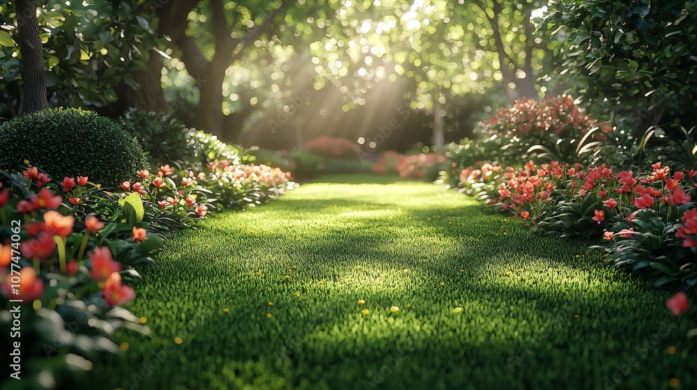 A serene garden path lined with vibrant flowers and lush greenery, illuminated by sunlight. A serene garden path lined with vibrant flowers and lush greenery, illuminated by sunlight.