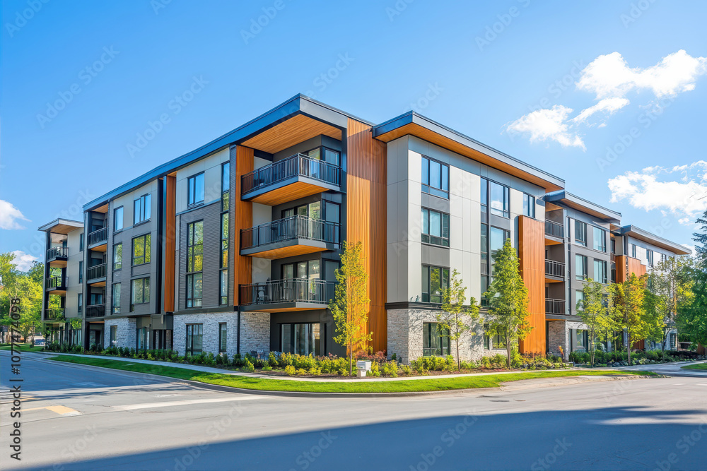 Modern Apartment Buildings Basking in Sunlight Under a Clear Blue Sky on a Vibrant Day Modern Apartment Buildings Basking in Sunlight Under a Clear Blue Sky on a Vibrant Day