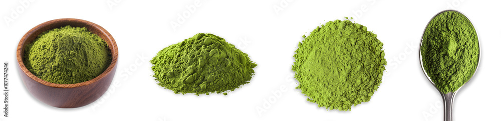 Green tea powder in bowl spoon pile organic matcha powder isolated transparent background Green tea powder in bowl spoon pile organic matcha powder isolated transparent background