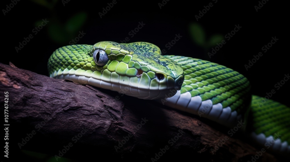 Fototapeta premium Close-Up of a Green Tree Python Resting on a Branch