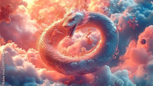 A white dragon with an open mouth and sharp teeth coiled in a ring shape, flying in a sky of pink and blue clouds with stars and other celestial objects.