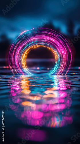 Vivid Neon Circular Arcs Shimmering on Water at Twilight in a Tranquil Lakeside Setting