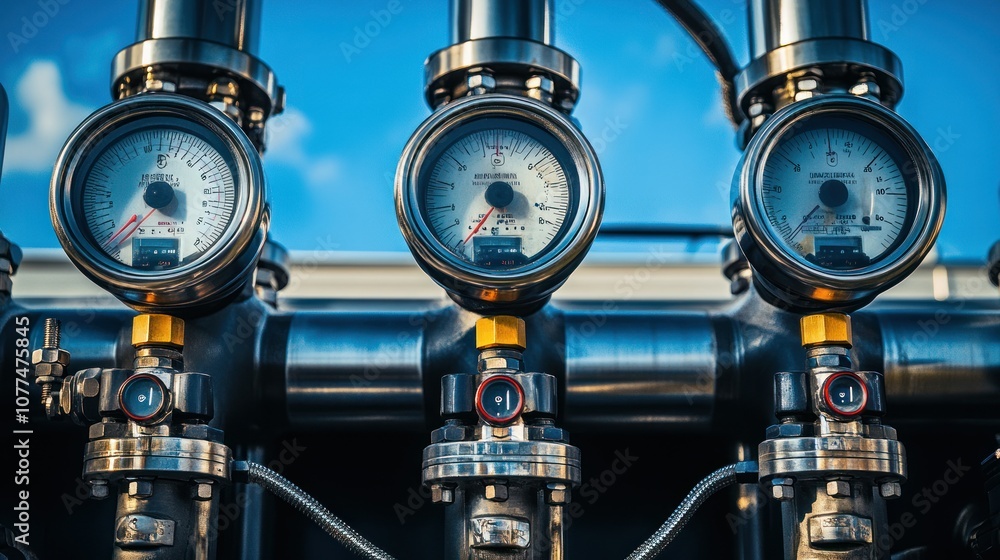 Three Industrial Gauges Mounted on Pipes Against a Blue Sky Three Industrial Gauges Mounted on Pipes Against a Blue Sky