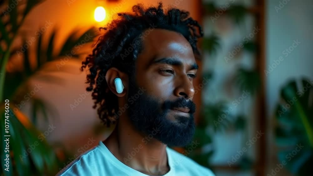 Calm contemplation: man relaxing with headphones in warm ambient light Calm contemplation: man relaxing with headphones in warm ambient light