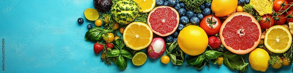 Bright array of fresh, colorful fruits on blue background Bright array of fresh, colorful fruits on blue background