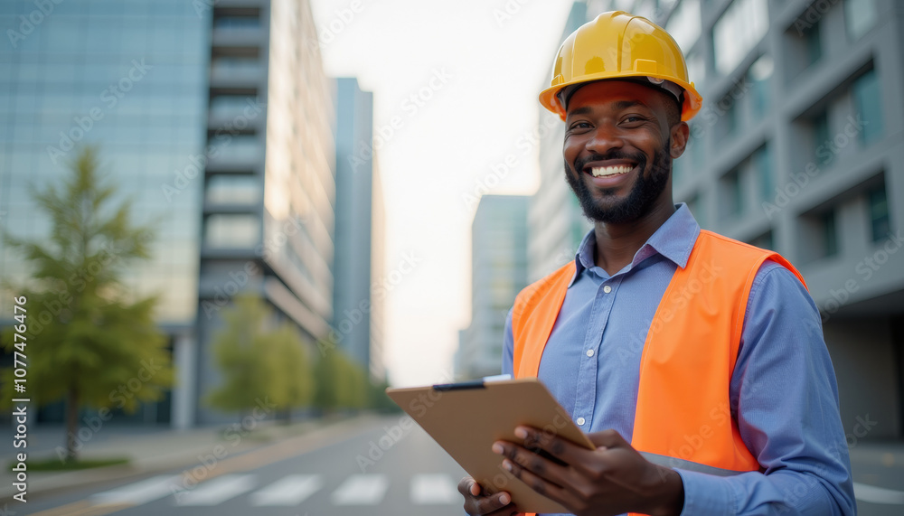 Smiling Construction Engineer in Urban Setting Smiling Construction Engineer in Urban Setting