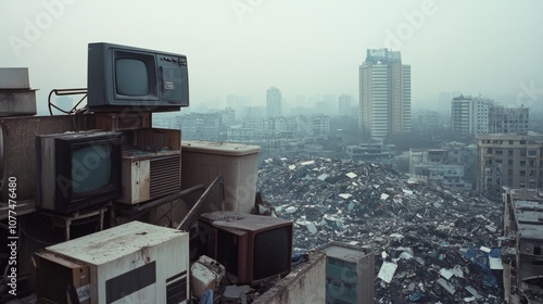 Old televisions perched on a rooftop overlooking a cityscape dominated by heaps of rubble and distant skyscrapers.