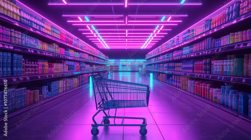 Empty Shopping Cart in Neon Lit Supermarket Aisle Empty Shopping Cart in Neon Lit Supermarket Aisle