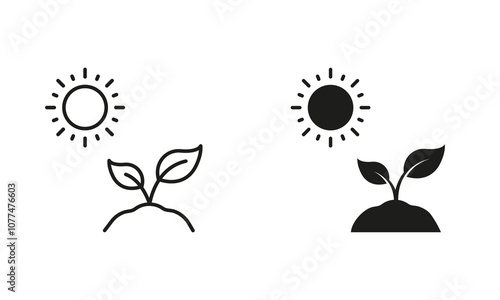 Sun and Plant, Tree Growth Line and Silhouette Icon Set. Agriculture Pictogram. Eco Friendly Plant Symbol. Gardening Sign. Editable Stroke. Isolated Vector Illustration
