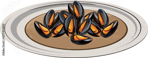 Steamed mussels served on a plate, seafood delicacy