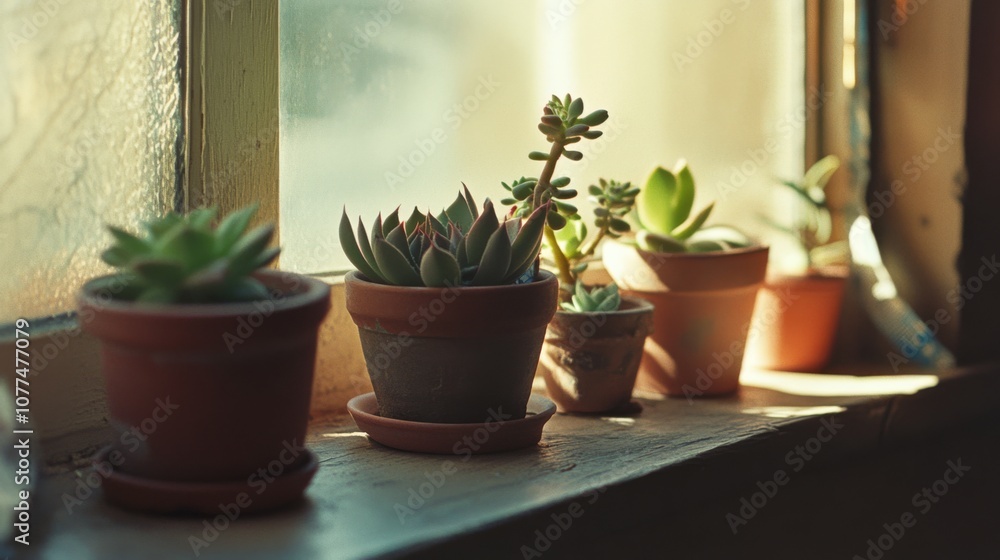 Fototapeta premium Succulent plants bask in golden sunlight on a windowsill, creating a charming indoor garden atmosphere.