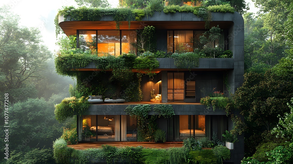 A modern, lush apartment building surrounded by greenery, blending architecture with nature. A modern, lush apartment building surrounded by greenery, blending architecture with nature.