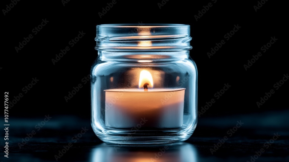 A solitary candle in a glass jar burns steadily in the dark, offering warmth, calm, and contemplation. A solitary candle in a glass jar burns steadily in the dark, offering warmth, calm, and contemplation.