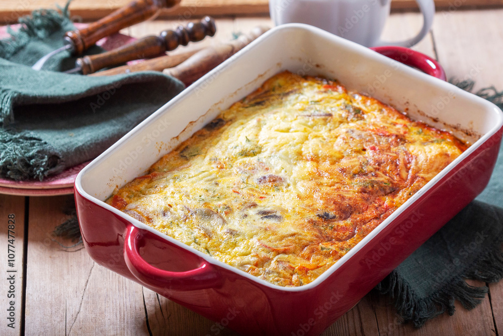 Oven baked omelette with vegetables served with sour cream on wooden background.