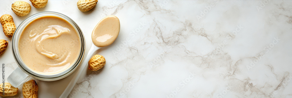 A Delightful Jar of Creamy Peanut Butter Surrounded by Fresh Peanuts on a Marble Surface A Delightful Jar of Creamy Peanut Butter Surrounded by Fresh Peanuts on a Marble Surface