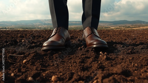 business shoes of a businessman standing on agricultural soil in Kibbutz Kfar Baruch, Israel. photo