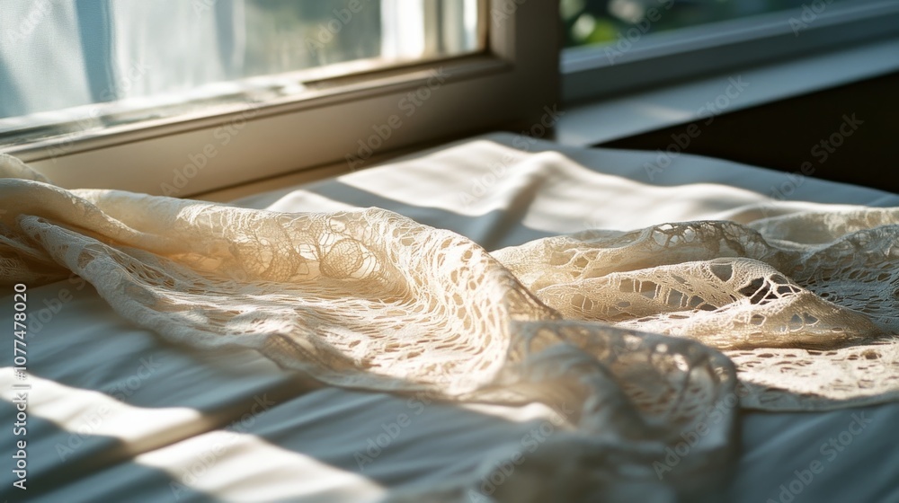 Soft lace fabric gently draped by a sunlit window, creating a warm and inviting ambiance with its delicate texture and glowing shadows. Soft lace fabric gently draped by a sunlit window, creating a warm and inviting ambiance with its delicate texture and glowing shadows.
