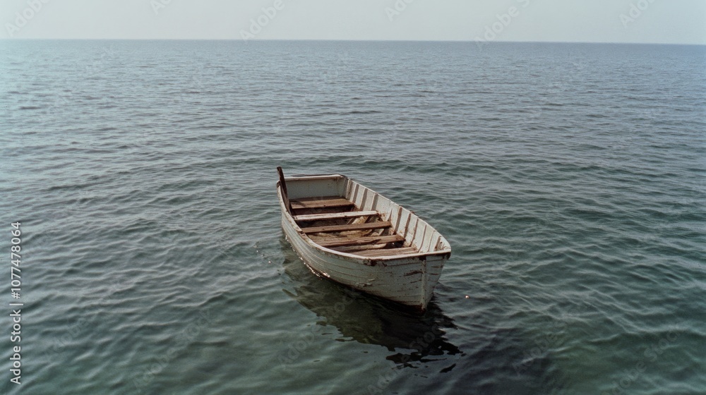 A solitary rowboat drifts gently on the vast, calm ocean, epitomizing serenity and solitude in nature's expansive embrace. A solitary rowboat drifts gently on the vast, calm ocean, epitomizing serenity and solitude in nature's expansive embrace.