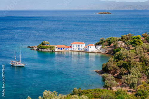 Fototapeta Naklejka Na Ścianę i Meble -  Panoramic view of Tzasteni beach in the Pagasetic gulf, near the town Milina, in the south-west Pelion, Magnesia, Thessaly, Greece.