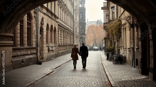 Wallpaper Mural Under an arched passageway, an elderly couple walks hand-in-hand along a cobblestone street, enveloped in autumn's warm hues. Torontodigital.ca