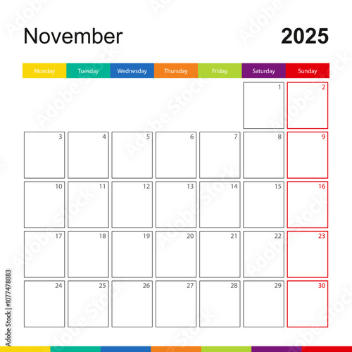 November 2025 colorful wall calendar, week starts on Monday. photo