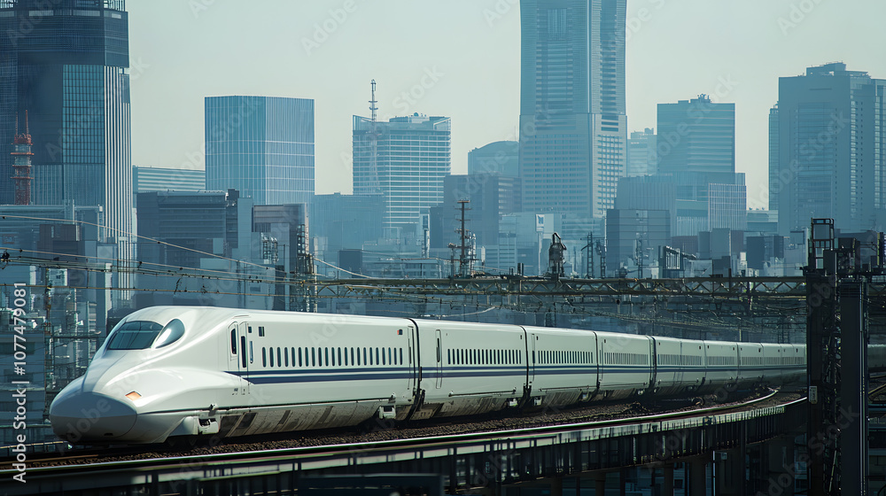 Naklejka premium A high-speed bullet train passing through a modern cityscape with skyscrapers and futuristic architecture in the background.