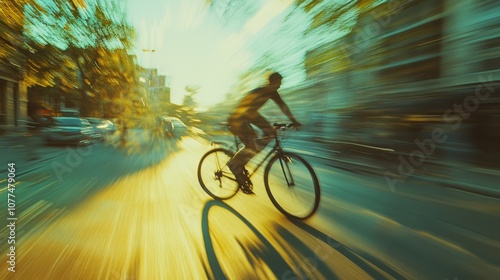 A cyclist speeds through a sunlit city street, creating a dynamic blur of motion under an evening sky, embodying freedom and urban energy.