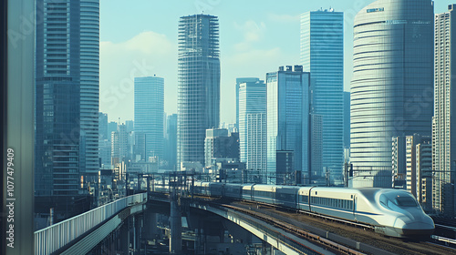 A high-speed bullet train passing through a modern cityscape with skyscrapers and futuristic architecture in the background.