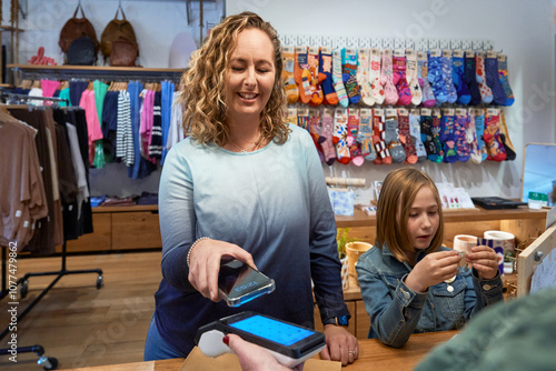 Smiling shopper making a payment with phone at a retail store counter photo