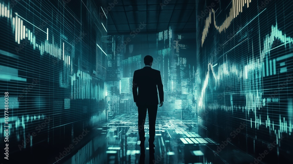2025 New Year business goals concept. Businessman analyzes graph of trend market growth in 2025 and plans business growth and profit increases. 2025 New Year business goals concept. Businessman analyzes graph of trend market growth in 2025 and plans business growth and profit increases.