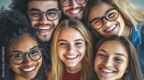 Group of friends from diverse backgrounds smiling confidently with perfect teeth promoting dental health