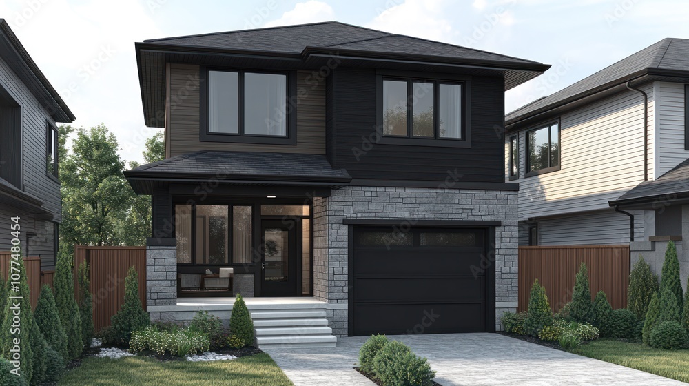 Modern two-story house with black siding, stone accents, and a garage. Modern two-story house with black siding, stone accents, and a garage.