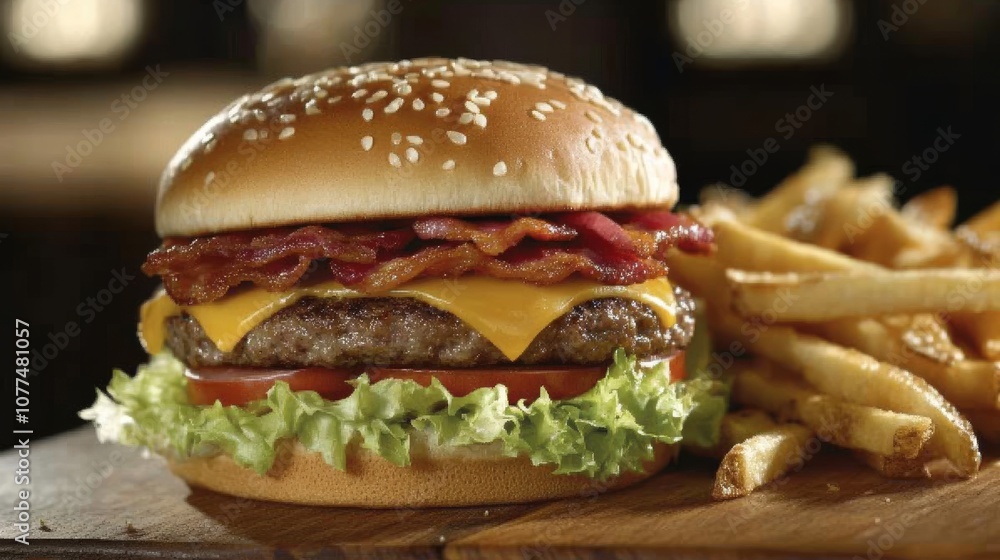 A delicious cheeseburger stacked with bacon, cheese, lettuce, and tomato sits invitingly next to crisp fries on a wooden board. A delicious cheeseburger stacked with bacon, cheese, lettuce, and tomato sits invitingly next to crisp fries on a wooden board.