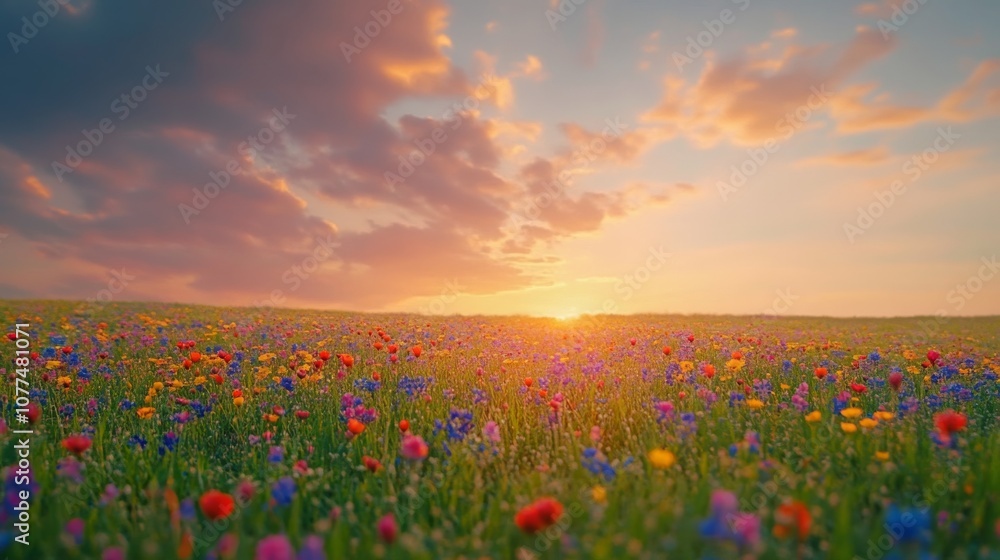 A vibrant field of wildflowers stretches to the horizon under a dramatic, colorful sunset, suggesting both the beauty and transience of nature. A vibrant field of wildflowers stretches to the horizon under a dramatic, colorful sunset, suggesting both the beauty and transience of nature.