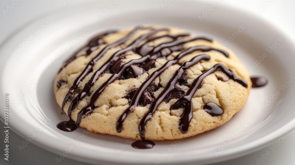 A delectable cookie drizzled with rich chocolate sits on a white plate, tempting with its soft texture and sweet indulgence. A delectable cookie drizzled with rich chocolate sits on a white plate, tempting with its soft texture and sweet indulgence.