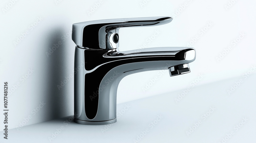 Close-up image of a modern chrome faucet with a sleek and minimalist design, mounted on a smooth surface, casting a subtle shadow against a light background. Close-up image of a modern chrome faucet with a sleek and minimalist design, mounted on a smooth surface, casting a subtle shadow against a light background.