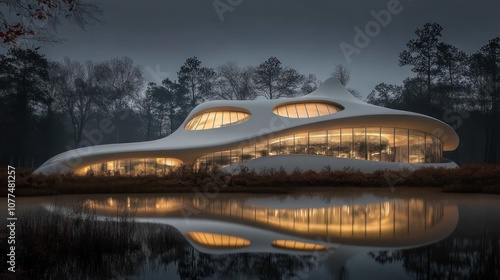 Wallpaper Mural Modern, white, futuristic building reflected in water with surrounding forest. Torontodigital.ca