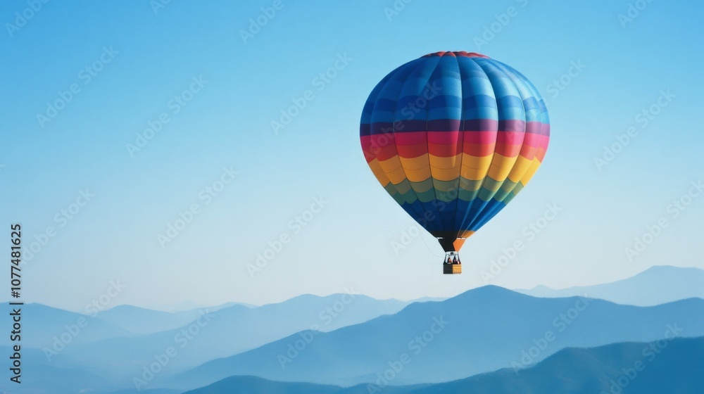 A vibrant hot air balloon floats elegantly over serene blue mountains, symbolizing adventure and tranquility high above the scenic landscape. A vibrant hot air balloon floats elegantly over serene blue mountains, symbolizing adventure and tranquility high above the scenic landscape.