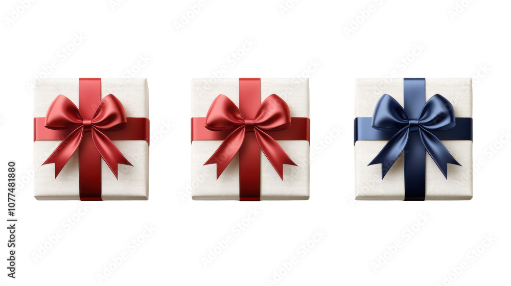 Transparent background Three Wrapped Gifts with Red and Blue Ribbons. Classic Present Packaging for Special Occasions. Transparent background Three Wrapped Gifts with Red and Blue Ribbons. Classic Present Packaging for Special Occasions.