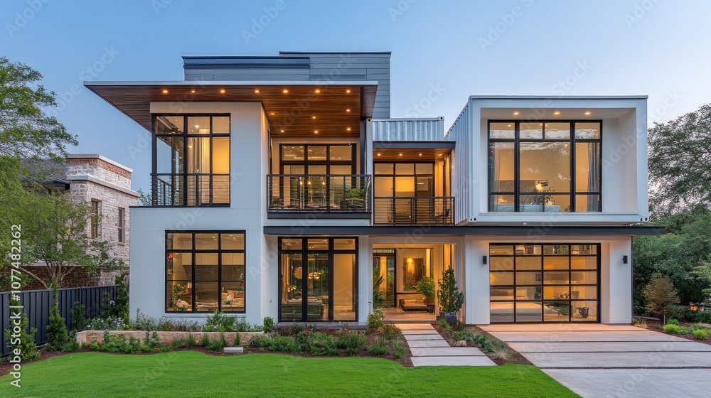 Fototapeta premium Modern white house with large windows and a grassy lawn.